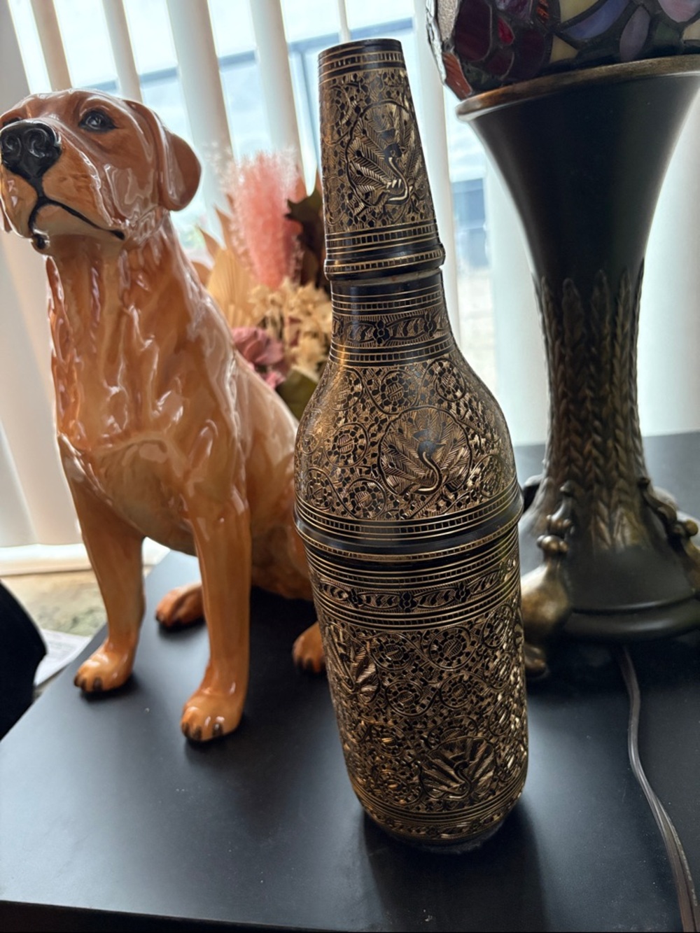 Vintage Ornate Hand Crafted Brass Etched Peacock And Floral Water Or Wine Bottle - Picture 9 of 10